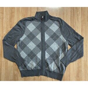 Banana Republic Gray Argyle 100% Wool Full Zip Cardigan Sweater Size XL Preppy